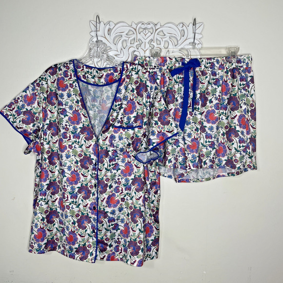 summersalt Other - SUMMERSALT size LARGE Pajama Set Button up Short Sleeves Shorts BLUE Red Floral